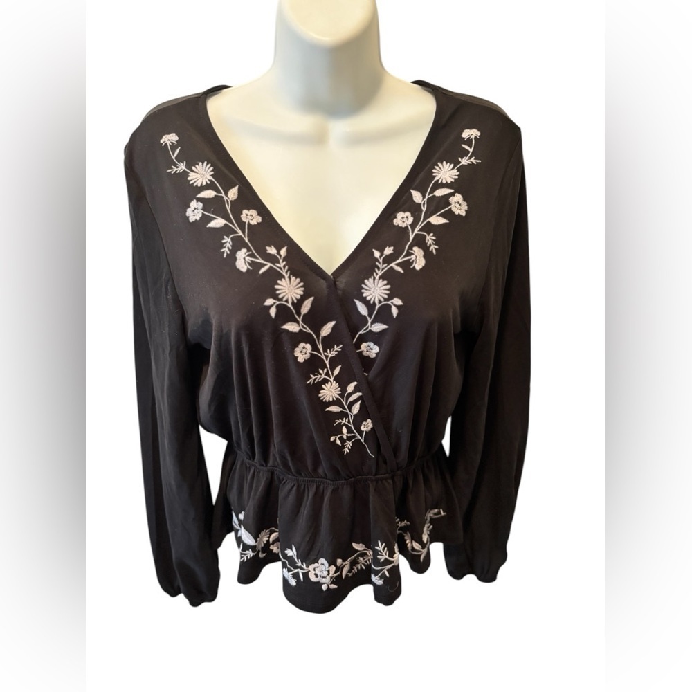 Y2K Cottage Embroidered Peplum Top Black Sz L Bishop Sleeve Whimsigoth Witchy